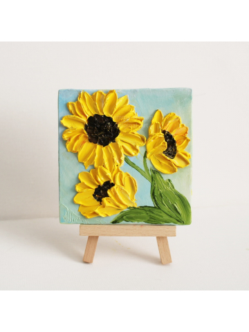 Miniature Panel Sunflower 4"x 4" Oil Impasto, Bright Sunflower Painting with Easel