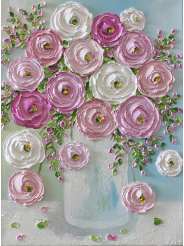 Apricot, Pink and White Ranunculus Custom Oil Painting, Oil Impasto Ranunculus Painting Apricot, Pink and White Ranunculus Custom Oil Painting, Oil Impasto Ranunculus Painting