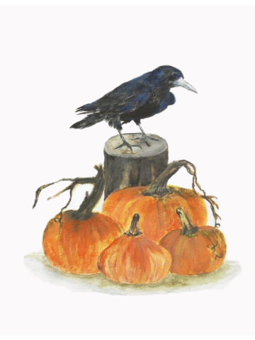 Pumpkin and Raven Watercolor, "The Raven in a Pumpkin Patch", Crow Watercolor, Original Watercolor