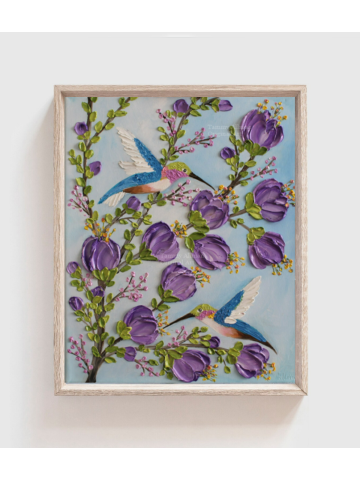 Custom Hummingbird and Lavender Flowers Impasto Painting, Hummingbird Oil Painting, Bird Painting