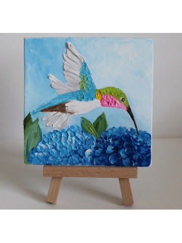 Clone of Miniature Hummingbird and Purple Hydrangea Oil Impasto Painting, Tiny 4" x 4" Painting with Easel, Gift boxed