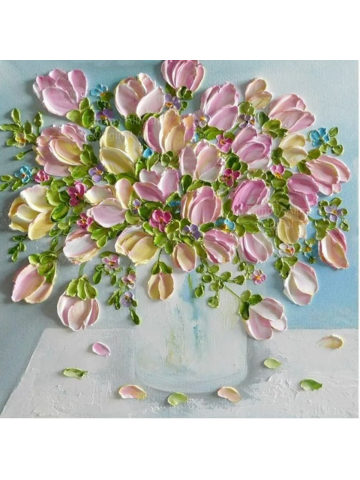 Custom Variegated Tulip Oil Impasto Painting, Pinks , White and Pale Yellow Tulips, Cottage Chic Decor
