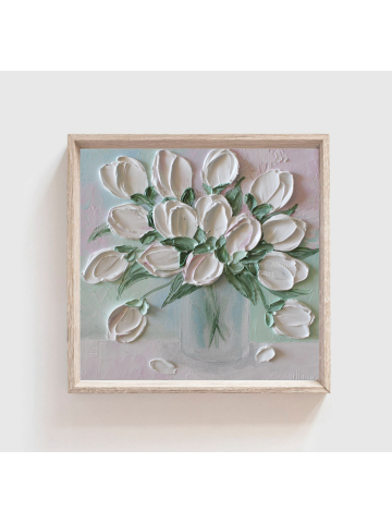 White and Pale Pink Oil Impasto Tulip Painting, 8"x 8" Oil Tulip Painting