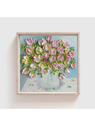 Custom Variegated Tulip Oil Impasto Painting, Pinks , White and Pale Yellow Tulips, Cottage Chic Decor